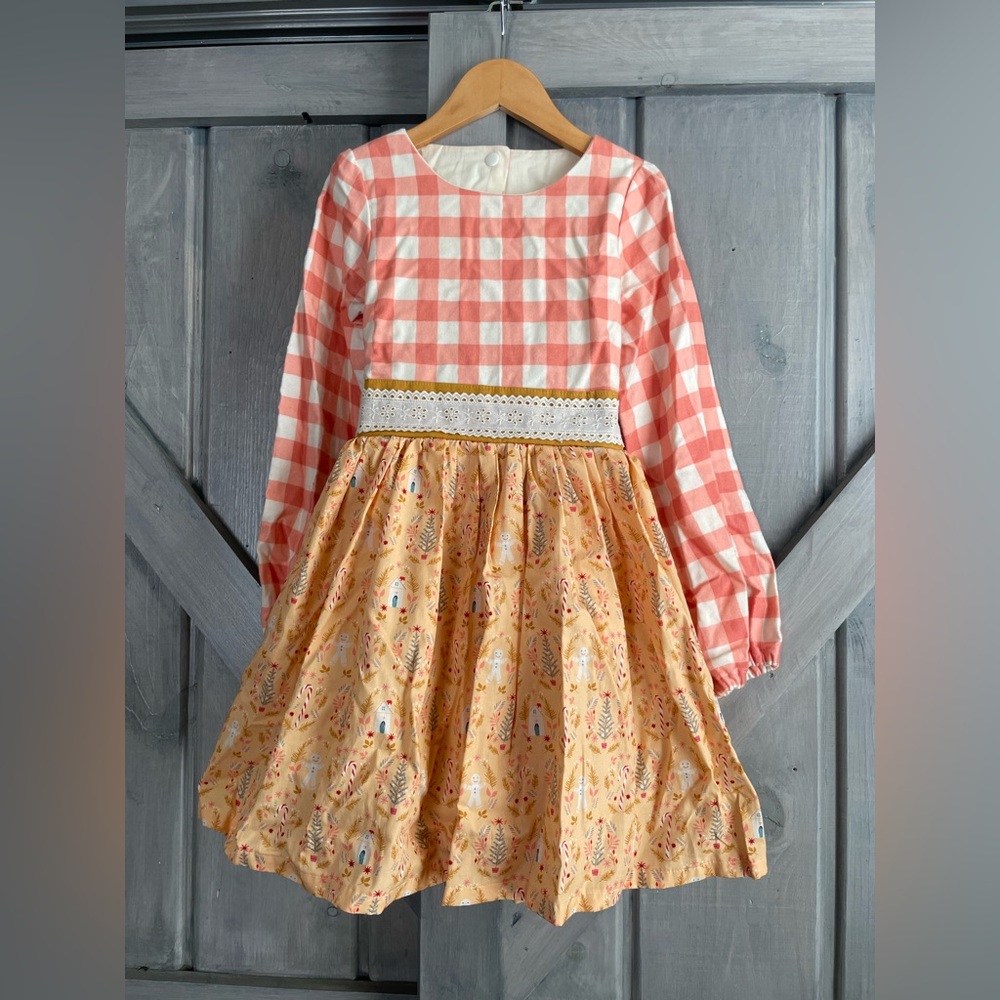Handmade Maddy James‎ Gingerbread Christmas Winter Dress Flannel lace bow